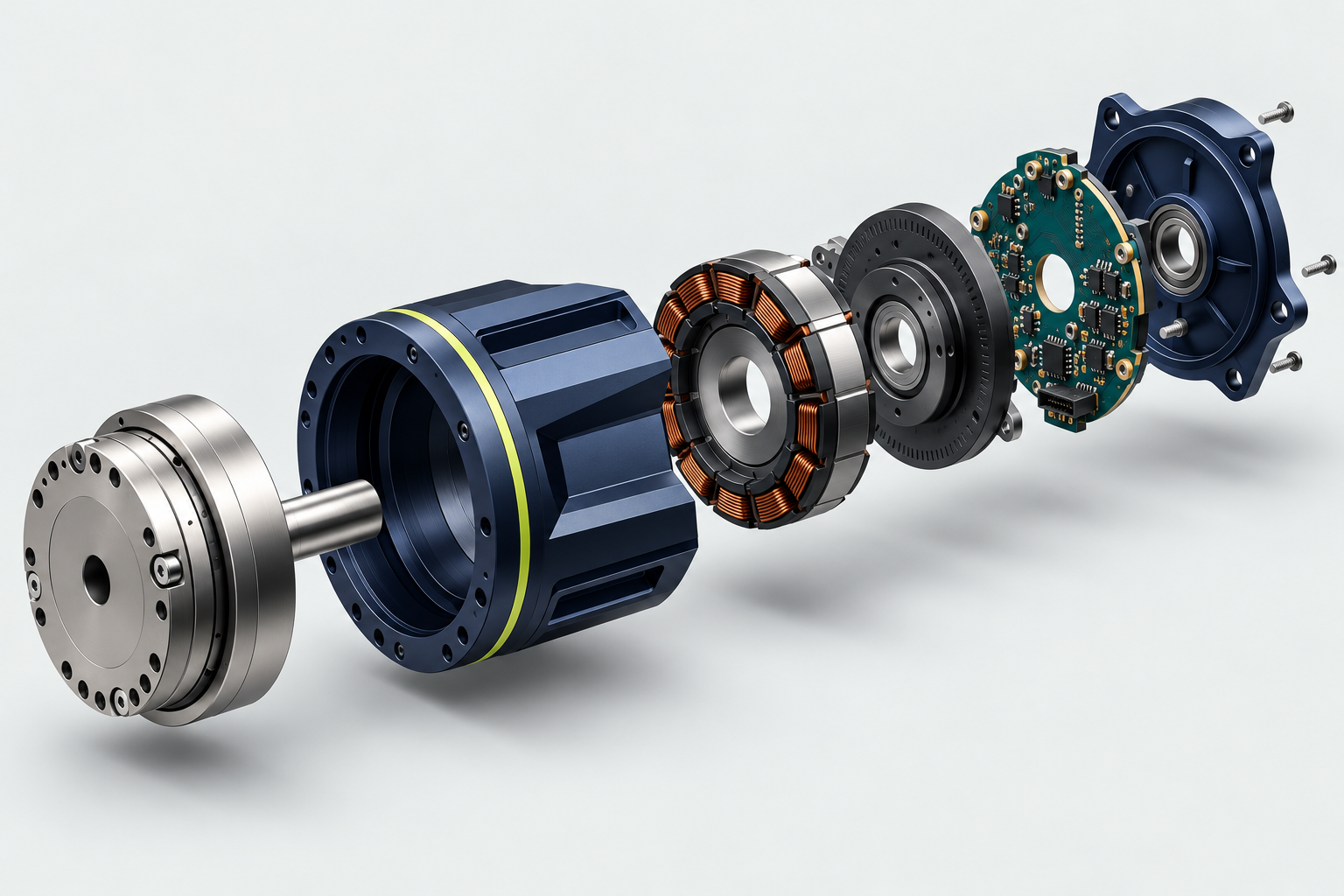 Exploded-view render showing the reducer, housing, motor, encoder, driver board and rear cover